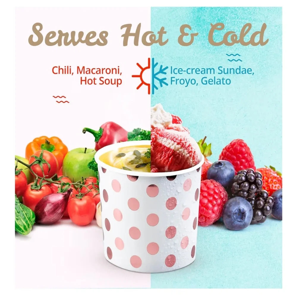Disposable Ice Cream/Soup Cups with Rose Gold Polka-Dots, 45 Count